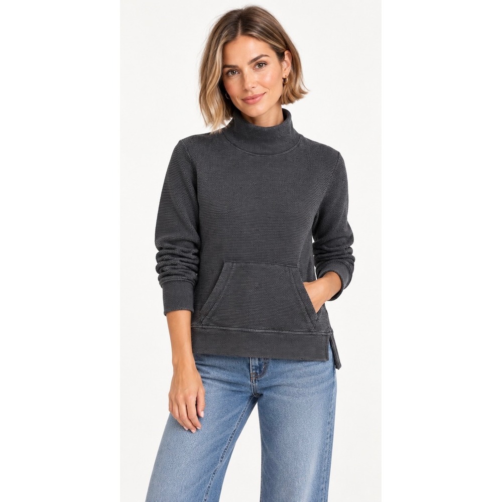 Faherty XS Charcoal Textured Mock Neck Kangaroo Pocket Pullover Sweatshirt